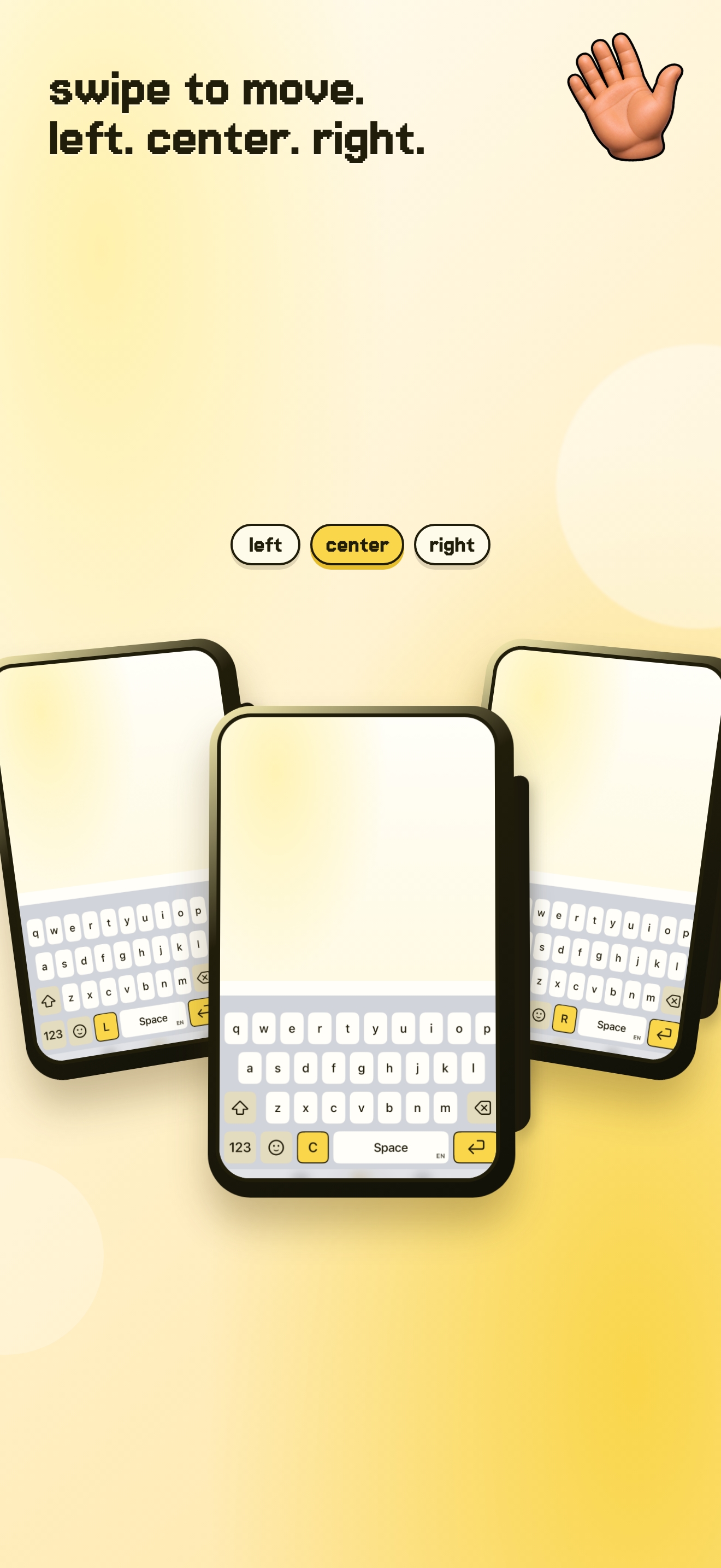 Una mano keyboard teaching a swipe that moves the keyboard to the side